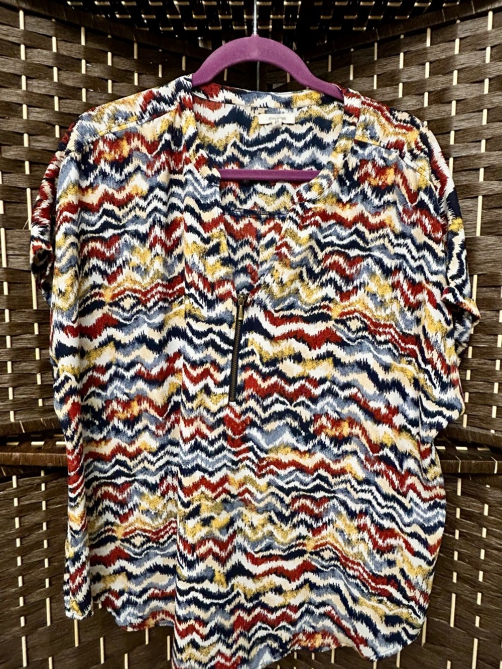 Maurices Multicolor Zigzag Print Blouse - Navy, Red, Mustard, Cream